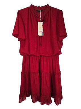 NWT | DOKOTOO Ruby Red Tiered Ruffle Mini Dress Tie Neck Smocked Waist | Large
